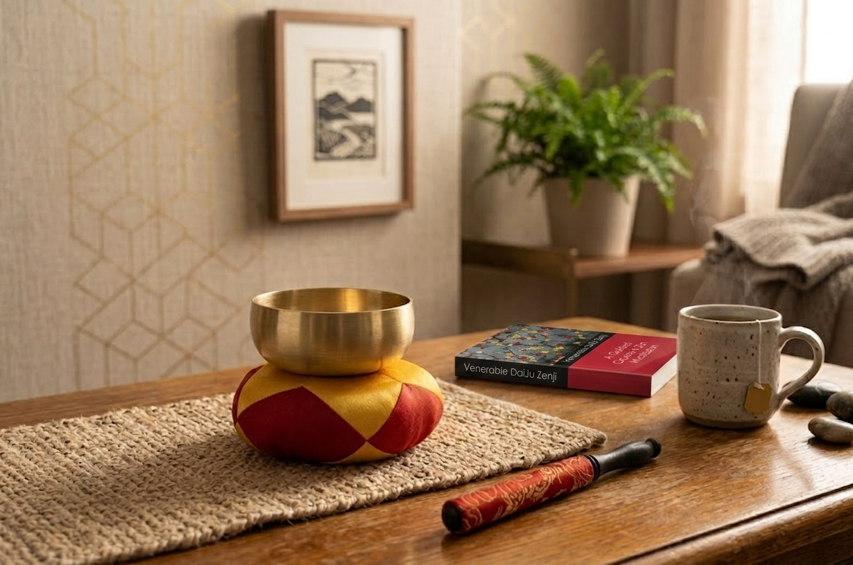 Temple bell and meditation supplies for seated practice